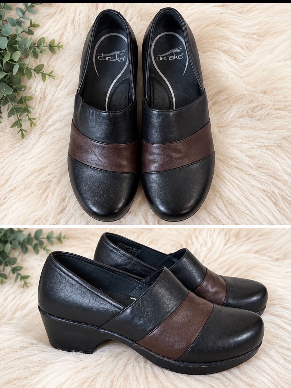Dansko Black and Brown Leather Slip-On Clogs sz 38